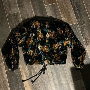 Vintage 90s sequin black floral velour bomber jacket - size S